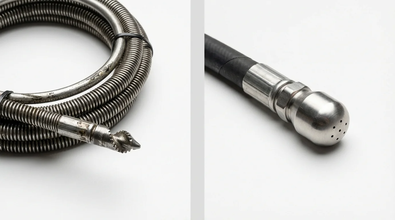 Drain snake cable and hydro jetting nozzle used for drain cleaning in Amidon, ND