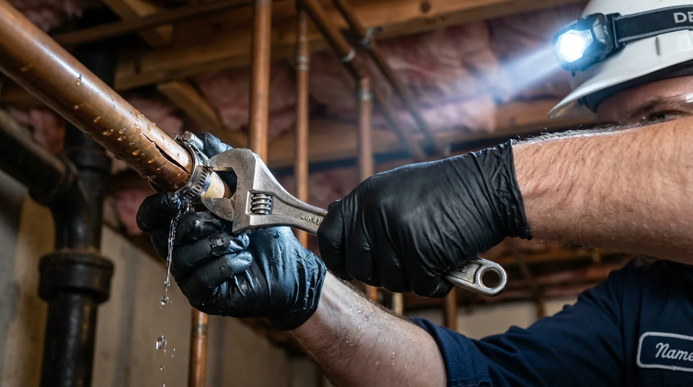 Emergency pipe clamp repair being performed by a Johns Plumbing LLC plumber in Amidon